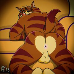 1:1 2023 anthro anus ass backsack balls brown_body brown_fur brown_hair clyde_(tom_and_jerry) digital_drawing_(artwork) digital_media_(artwork) domestic_cat fabfelipe felid feline felis fur genitals hair hi_res looking_back male mammal metro-goldwyn-mayer multicolored_body multicolored_fur nude_anthro nude_male presenting presenting_anus red_nose solo striped_body striped_fur stripes tail tan_body tan_fur tom_and_jerry tom_and_jerry_kids yellow_sclera