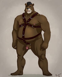 2012 aikho anthro barefoot bear biceps brown_fur ear_piercing fur grizzly_bear hair humanoid_penis male male_only mammal mohawk muscular nipple_piercing nipples open_mouth penis piercing simple_background slightly_chubby smile standing taoren teeth testicles