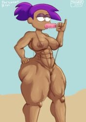 1girls abs athletic athletic_female big_breasts cartoon_network enid huge_breasts ok_k.o.!_let's_be_heroes popsicle purple_hair sling_bikini slingshot_swimsuit string_bikini thick_thighs tool01k wide_hips