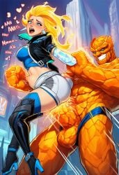 ai_generated ben_grimm blonde_hair consensual fantastic_four human_torch human_torch_(marvel_rivals) johnny_storm luna_snow_(cosplay) marvel marvel_comics marvel_rivals rule_63 taken_from_behind the_thing_(marvel)