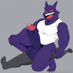 ai_generated ass_eating evil_grin face_in_ass facesitting forced full_balls gay gengar held_down huge_balls huge_cock pokemon pokemon_(species) pokephilia precum pubic_hair sitting_on_person tank_top