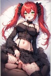 belly_button big_breasts big_penis fishnets goth_girl green_eyes pleasure_face pussy_grip pussy_lips red_hair skirt_lift spread_legs twintails vaginal_sex