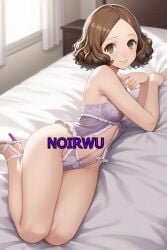 ai_generated black_high_heels brown_hair feet haru_okumura high_heels highres lingerie lying_on_bed medium_breasts medium_hair noirwu on_bed persona_5 purple_lingerie sexy smile toes