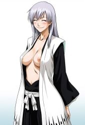 1girls 2025 ai_generated bleach blush breasts breasts_out carnivalecloudmuncher closed_eyes female female_only genderswap_(mtf) grey_hair haori ichimaru_gin japanese_clothes light-skinned_female long_hair navel nipples rule_63 self_upload smile solo tagme