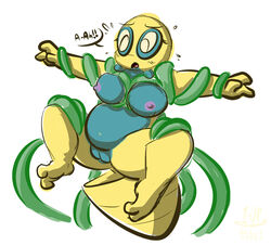 1-upclock anthro big_breasts blush bondage bondage bound breasts dunsparce female nintendo nipples nude open_mouth pokemon pussy shy simple_background slightly_chubby solo tentacle text thick_thighs video_games vines