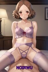 ai_generated blush brown_eyes brown_hair fluffy_hair haru_okumura highres lingerie medium_breasts medium_hair noirwu persona_5 purple_lingerie sexy sexy_lingerie