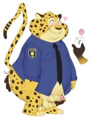 anthro benjamin_clawhauser bodily_fluids butt_slap canid canine cheetah disney duo erection felid feline fox genital_fluids hand_on_butt handjob hi_res hypnokoo hypnosis hypnotic_eyes male male/male mammal mind_control overweight overweight_male penile precum sex slap spanking zootopia