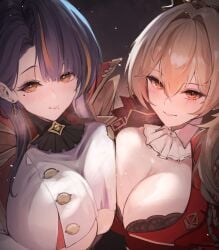 2girls ascot asymmetrical_docking black_bra black_hair blonde_hair blush bra bra_peek breast_press breasts brown_hair cleavage closed_mouth coat dress earrings epaulettes hair_between_eyes jewelry large_breasts lion_(azur_lane) long_hair looking_at_viewer mole mole_on_breast mole_under_eye mole_under_mouth multicolored_hair multiple_girls orange_eyes orange_hair parted_lips red_coat red_eyes single_earring smile streaked_hair sweat symmetrical_docking trafalgar_(azur_lane) underwear upper_body yellow_eyes