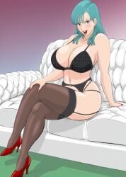 2d big_ass big_breasts blue_eyes blue_hair bra bulma bulma_(dragon_ball) bulma_(end_of_dragonball) bulma_briefs cleavage cleavage_cutout crossed_legs dragon_ball dragon_ball_(classic) dragon_ball_(series) dragonball feet female female_focus female_only high_heels high_quality high_resolution highres kamegallery lingerie open_mouth sexy sexy_clothing sexy_pose sofa stockings straps thick_ass thick_thighs thong thong_bikini