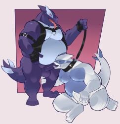 2022 absurd_res anthro biped clothing collar daddy_kink duo fellatio generation_2_pokemon generation_3_pokemon genitals harness hi_res leash leather leather_clothing leather_topwear leather_vest legendary_pokemon lugia male nintendo oral oral_penetration overweight overweight_male penetration penile penis penis_in_mouth pokemon pokemon_(species) sex shadow_lugia shadow_pokemon spazz_bear topwear vest