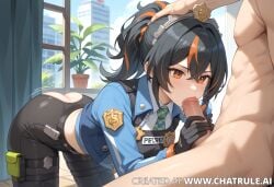 1female ai ai_generated blowjob female head_grab hentai living_room looking_down orange_eyes police_uniform sex sucking sucking_penis zhu_yuan