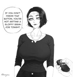 big_breasts black_and_white black_hair jujutsu_kaisen kenjaku large_breasts looking_at_viewer medium_hair mind_control necklace possessed possession remote_control_vibrator scar scar_on_head speaking speech_bubble talking talking_to_another talking_to_viewer vibrator
