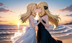beach blonde_hair cynthia_(pokemon) dress kay_(girls_und_panzer) kissing lesbian_kiss women_only yuri