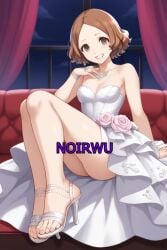 ai_generated dress feet happy haru_okumura high_heels highres night noirwu persona_5 smile toes wedding_dress white_high_heels