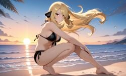 beach bikini black_bikini blonde_hair breasts cynthia_(pokemon) female_only