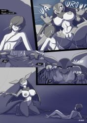 absurd_res banditofbandwidth_(artist) big_breasts blush breasts clothing comic female genitals hi_res human lovander male mammal monochrome nude pal_(species) palworld pocketpair pussy tearing_clothing text tongue torn_clothing vulva