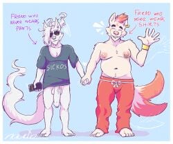 5_toes anthro balls bangs barefoot big_penis bottomless bottomwear bracelet canid canine canis cellphone chest_tuft closed_eyes clothed clothing crescent_moon domestic_dog duo electronics eyewear feet foreskin genitals gesture glasses hair hand_holding head_markings jewelry male male/male mammal markings moon multicolored_hair naudiz naudiz_(artist) nipple_piercing nipple_ring nipples pants penis phone piercing plantigrade ring_piercing shirt side_bangs smile standing sweatpants t-shirt tail tail_motion tailwag text toes topless topwear tuft two_tone_hair tzukikage_otxoa_(naudiz) vein veiny_penis waving wolf