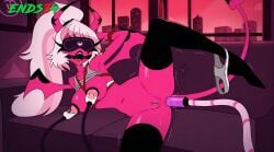 2025 anal anal_sex bondage ends34 female female_only gagged helluva_boss horns long_hair lying lying_on_side milk nipple_play open_mouth sex_machine stockings sucking sucking_nipples verosika_mayday_(helluva_boss)