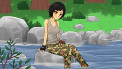 andrea_(army_gals) army_gals black_hair blue_hair clothed female green_eyes see-through side_shave water wet_shirt wet_t-shirt