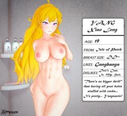 1girls abs arrancon bathroom blonde_female blonde_hair breasts long_hair long_hair_female profile profile_picture purple_eyes rwby shower_room solo_female yang_xiao_long