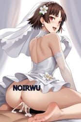 1girls ai_generated brown_hair cowgirl_position cum cum_inside feet happy happy_sex highres makoto_niijima medium_hair noirwu persona_5 red_eyes sex wedding_dress wedding_veil