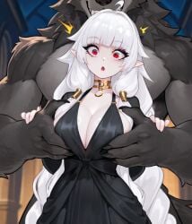 ai_generated arm_grab blunt_bangs breast_grab breast_grab_from_behind breast_press chain_necklace classy cleavage dominant_male dress einelotta eyebrows_visible_through_hair indie_virtual_youtuber interspecies interspecies_domination large_breasts long_eyelashes long_hair muscular_male plopendil pointy_ears red_eyes shiny_skin sideboob size_difference straight surprised thin_eyebrows virtual_youtuber vtuber werewolf white_hair
