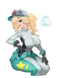 1girls alternate_costume artist_logo blonde_hair bodysuit breasts crown female gloves hair_over_one_eye large_breasts little_blood long_hair looking_at_viewer mario_(series) mario_kart mario_kart_world nintendo official_alternate_costume open_mouth ponytail princess_rosalina princess_rosalina_(pro_racer) simple_background sitting solo solo_female solo_focus sweater_around_waist thick_thighs thighs tongue visor visor_cap white_background