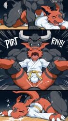 cum cum_in_ass cum_inside digimon guilmon ia_generated karate_gi martial martial_arts_uniform raped raped_by_monster red_body red_skin reptile