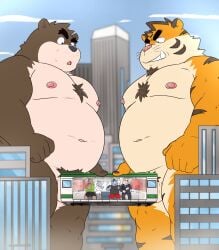 2025 anthro balls bear belly black_nose bottomwear censored clothing detailed_background domestic_cat felid feline felis genitals grey_body hi_res kemono macro male mammal micropenis moobs necktie nipples outside overweight overweight_male pantherine pants penis pubes rhinoceros shibatanukiti shirt size_difference small_penis suit tiger topwear