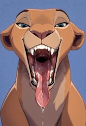 ai_generated black_lips blue_eyes disney drool fangs feline female feral_only looking_at_viewer maw_shot mawshot nala nala_(the_lion_king) open_maw open_mouth saliva sharp_teeth teeth the_lion_king tongue tongue_out