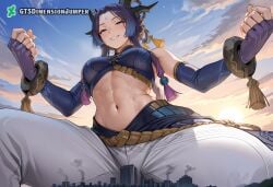 1girls abs absurd_res ai_generated blue_eyes female foot_fetish footwear giant_ass giant_breasts giant_thighs giantess giantess_feet giantess_growth goddess growth gtsdimensionjumper horn horns league_of_legends midriff navel navel_cutout pink_hair purple_hair size_difference toeless_legwear toes yunara yunara_(league_of_legends)