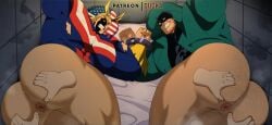2boys all_might anus ass ass_focus ass_grab big_ass black_hair blonde_hair blue_eyes boku_no_hero_academia disembodied_hands gay hairy_ass handcuffed iwao_oguro knuckleduster_(my_hero_academia) looking_at_viewer male male_only muscles muscular muscular_male my_hero_academia presenting presenting_anus presenting_hindquarters ripped_clothing steam superhero sweat toshinori_yagi vigilante:_my_hero_academia_illegals yaoi