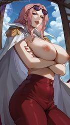 ai_generated arms_crossed arms_crossed_under_breasts cape cigarette curvy curvy_figure earrings female female_only hina_(one_piece) jewelry large_breasts long_hair looking_at_viewer makeup mature_female milf one_piece pants pink_hair presenting presenting_breasts purple_eyes raiven skindentation smug sunglasses sunglasses_on_head thick_thighs topless wide_hips