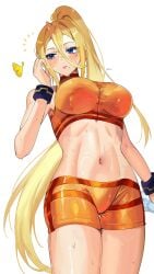 1girls absurdres alternate_color blonde_hair blue_eyes breasts commentary_request crop_top cropped_shirt eyelashes female ginkgo_leaf highres large_breasts leaf long_hair metroid midriff mole mole_under_mouth navel nintendo orange_shirt orange_shorts parted_lips player_2 ponytail samus_aran shirt shorts simple_background solo super_smash_bros. sweat white_background yasaikakiage