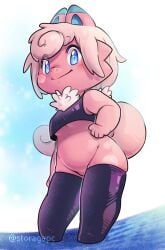 anthro breasts cheek_markings chest_tuft clefairy clothed clothing dipstick_ears ear_markings facial_markings featureless_crotch female fur generation_1_pokemon head_markings hi_res hybrid leggings legwear looking_at_viewer looking_down looking_down_at_viewer markings multicolored_ears nidorina nintendo no_underwear pechy pink_body pink_fur pokemon pokemon_(species) short_stack small_wings solo storagepc tuft under_boob watermark wings