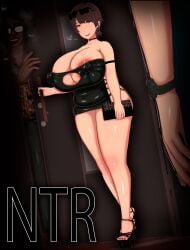 1girls 2boys 3d :d absurd_res absurdres black_dress brown_hair cheating cheating_wife chubby chubby_female cuckold dark-skinned_male dark_skin dress erect_nipples_under_clothes hi_res high_resolution highres looking_at_viewer netorare ntr open_mouth open_smile original smile vyrus_smith