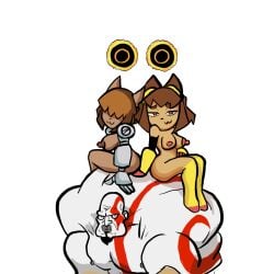 2girls anthro big_breasts breasts brown_hair cat_ears cat_girl furry gameoverse god_of_war highres huge_muscles kit_(gameoverse) kratos looking_at_viewer melonmiloc muscular_male newgrounds nipples nude red_paint short_hair smile tina_(gameoverse) topless white_skin yellow_eyes