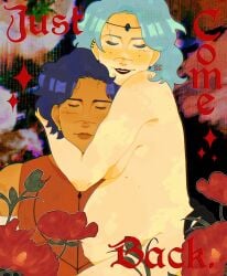 1boy 1girls anthiezzz blue_hair cahara canon_couple canon_pregnancy celeste_(fear_and_hunger) circlet closed_eyes clothed_male_nude_female completely_nude embrace fear_and_hunger female husband_and_wife jewelry light-skinned_female light_blue_hair lipstick male medium_hair nude nude_female pregnant sideboob smile tan-skinned_male tan_skin white_hair wholesome