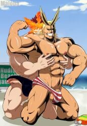 2boys all_might beach blonde_hair endeavor_(my_hero_academia) enji_todoroki erect_penis gay gay_sex grin looking_at_each_other male male_only maloba muscles muscular muscular_male my_hero_academia penis_peeking sun_block superhero toshinori_yagi touching_each_other underwear yaoi