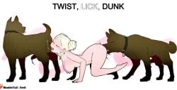 2boys 2d advertisement balls blonde_hair canid canine canine_penis canis cunnilingus domestic_dog female feral_on_female hanging_breasts human_female human_on_feral knot large_breasts licking light-skinned_female male nimbletail oreo oreos original pale_skin penis precum pussy_licking sucking text thick_thighs zoophilia