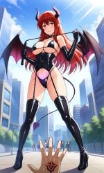1boy :q ai_generated ass_visible_through_thighs bangs bare_shoulders bikini black_bikini black_footwear black_gloves black_legwear black_thighhighs blue_sky blush boots breasts building city cleavage closed_mouth clothing cloud corset crowd day demon_girl demon_horns demon_tail demon_wings dominatrix elbow_gloves female female footwear garter_straps gloves high_heel_boots high_heels holding holding_whip horns large_breasts latex latex_legwear legwear lingerie long_hair looking_at_viewer male navel original outdoors pointy_ears pubic_tattoo red_eyes red_hair shoes sky smile solo_focus standing succubus sunlight swimsuit tail tattoo thigh_boots thighhighs thighs tongue tongue_out tree whip wings
