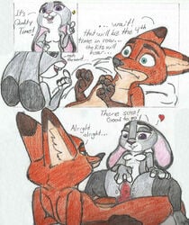 anthro canine comic dialogue disney drawning duo english_text female flat_chest fox girl_on_top judy_hopps lagomorph male mammal nick_wilde nude open_mouth penis purple_eyes pussy rabbit sex simple_background stockings text white_background zootopia