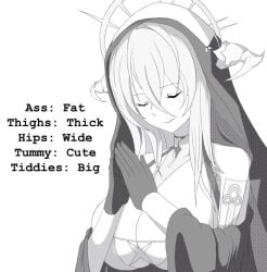 1girls artist_request azur_lane big_breasts breasts busty cleavage closed_eyes english_text female female_only gloves implacable_(azur_lane) large_breasts long_hair monochrome nun praying solo source_request voluptuous