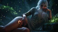 ai_assisted ai_generated ciri cirilla_fiona_elen_riannon green_eyes leshay7 looking_at_viewer lying lying_on_side passionate seductive_look sheer toned_legs white_hair