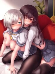 2girls arm_support bangs between_legs black_hair black_legwear blue_eyes blue_skirt blush breast_grab breasts closed_mouth commentary_request deep_skin eyebrows_visible_through_hair eyes_visible_through_hair grabbing hair_ornament hair_ribbon hairclip hamakaze_(kantai_collection) hand_between_legs highres indoors isokaze_(kantai_collection) kantai_collection large_breasts long_hair looking_at_another multiple_girls neckerchief nicoby nipples no_bra one_eye_closed pantyhose parted_lips plant pleated_skirt red_eyes red_pillow red_ribbon ribbon school_uniform serafuku shirt_lift short_hair short_sleeves silver_hair sitting skirt thighhighs tress_ribbon wariza yellow_neckerchief yuri