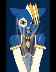 anthro blue_body blue_fur bodily_fluids clothed clothing crop_top domestic_cat e621 felid feline felis fur genital_fluids hexagon hexerade hi_res looking_at_viewer male mammal mascot meme orange_eyes peeing redcrystal rigby_the_cat shirt simple_background sleeves smile smiling_at_viewer solo tongue tongue_out topwear urine
