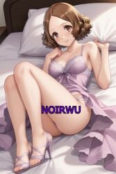 ai_generated black_high_heels brown_hair feet haru_okumura high_heels highres lingerie lying_on_bed medium_breasts medium_hair noirwu on_bed persona_5 purple_lingerie sexy smile toes