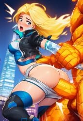 ai_generated ben_grimm blonde_hair fantastic_four forced human_torch human_torch_(marvel_rivals) johnny_storm luna_snow_(cosplay) marvel marvel_comics marvel_rivals raped rule_63 taken_from_behind the_thing_(marvel)