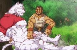 anthro bound duo feet feline funeral-paws furry grimoire_of_zero handjob human human_on_anthro interspecies male mammal mercenary_(character) mercenary_(zero_kara_hajimeru_mahou_no_sho) penis sex tied tied_hands tied_up tiger yaoi