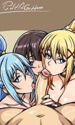 3girls aqua_(konosuba) artist_name balls big_breasts big_penis choker cock_worship completely_nude darkness_(konosuba) fellatio fit_female fit_male foursome hand_on_penis kono_subarashii_sekai_ni_shukufuku_wo! licking_penis looking_at_viewer male_pov megumin oral pov puddlegoddess satou_kazuma sucking_tip triple_fellatio